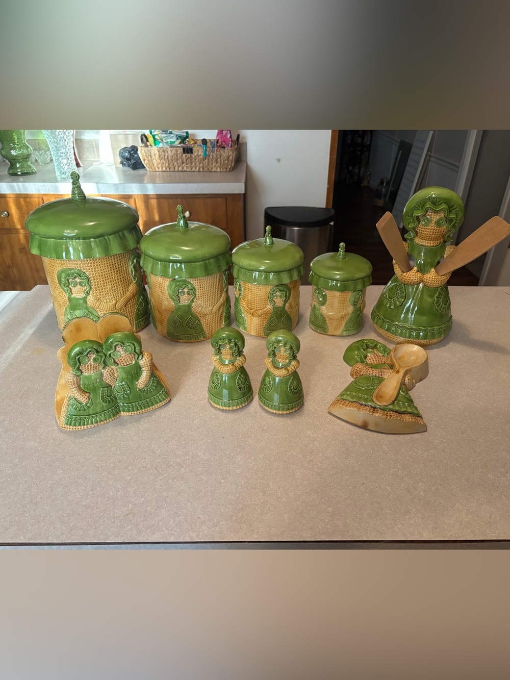 Vintage 70s Sittre Ceramic Burlap Rag Doll Kitchen Set